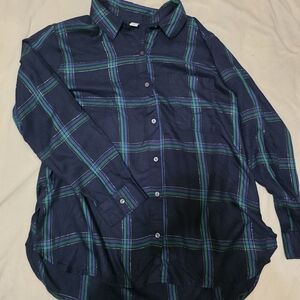Navy and Green Plaid Button-Up Shirt